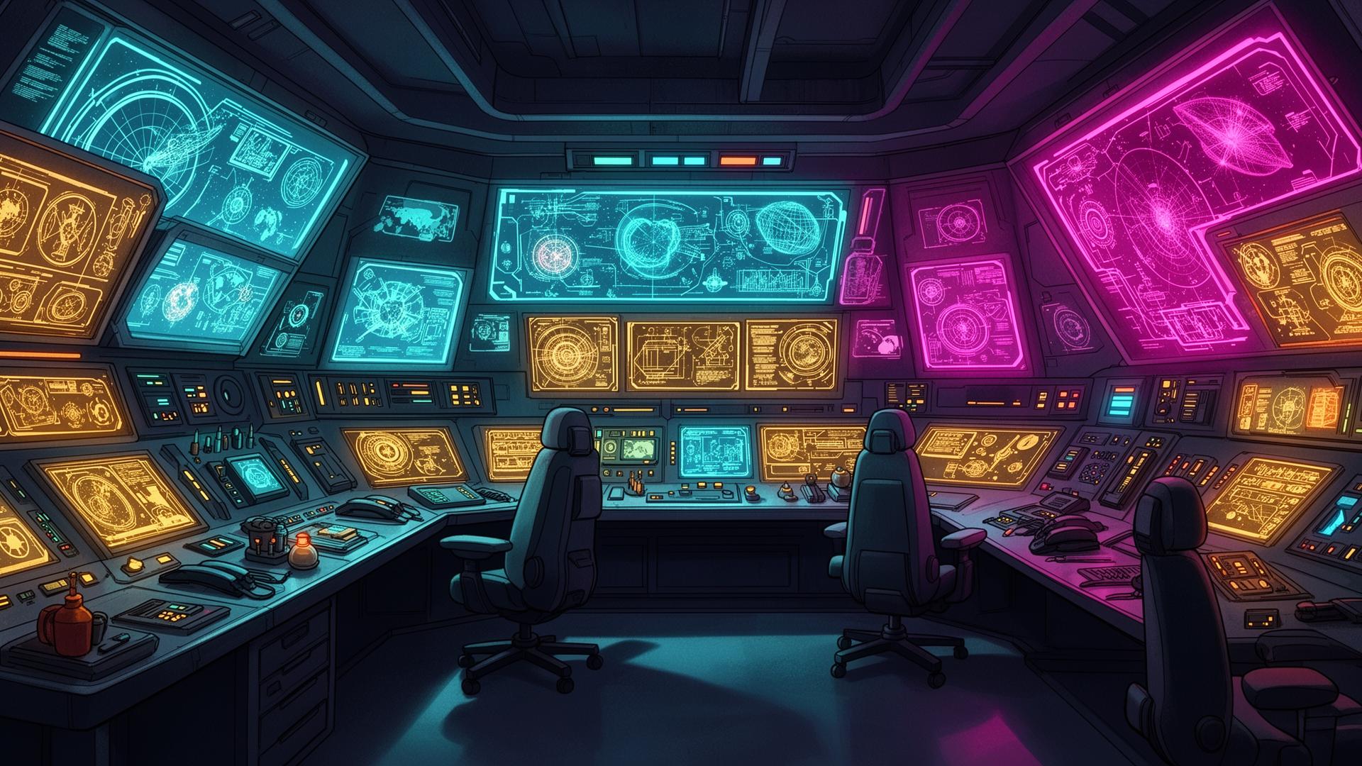 Mission control with glowing dashboards